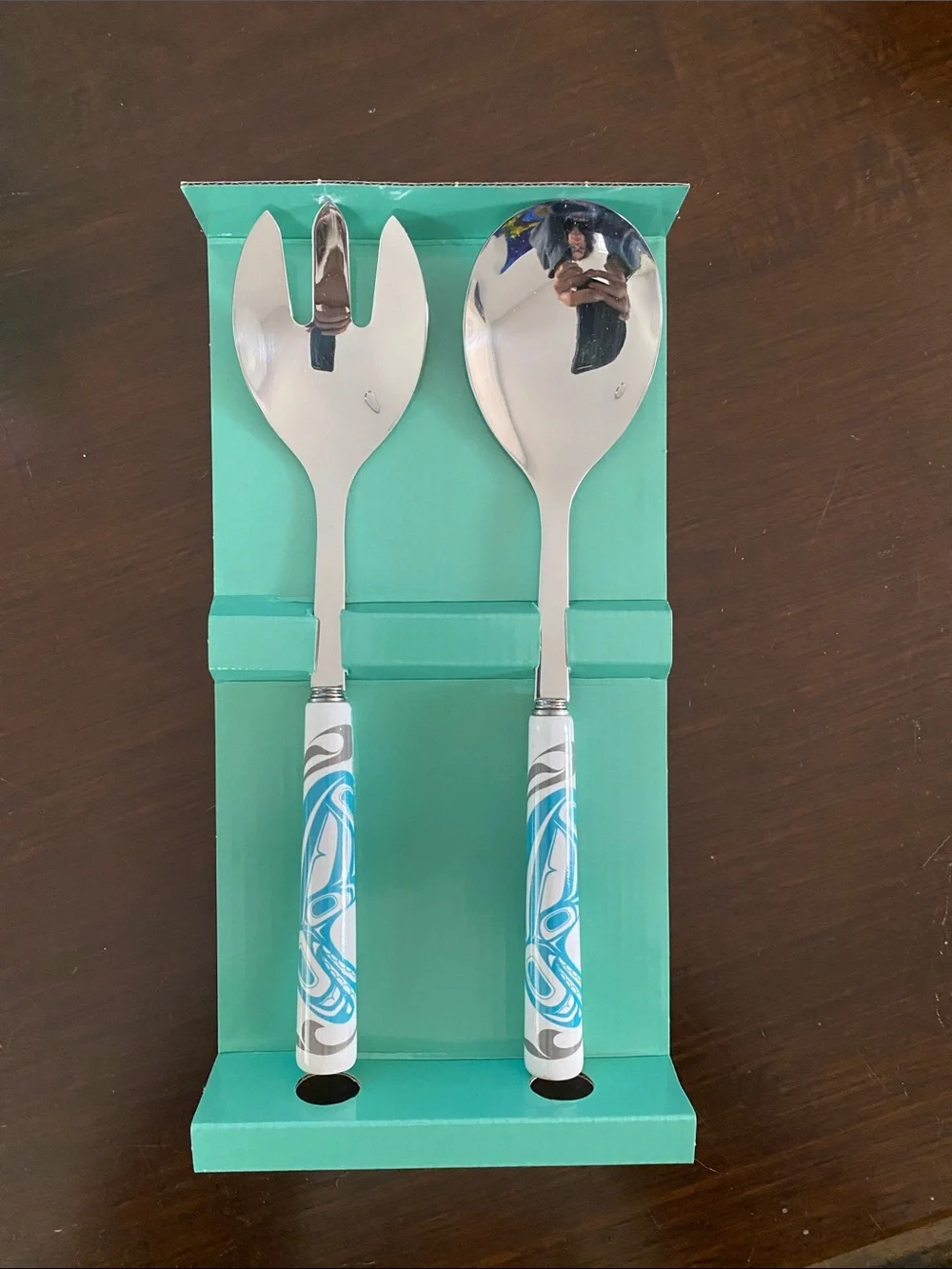Serving Spoon and Fork Set with Blue Swirl Handles - Home Dining